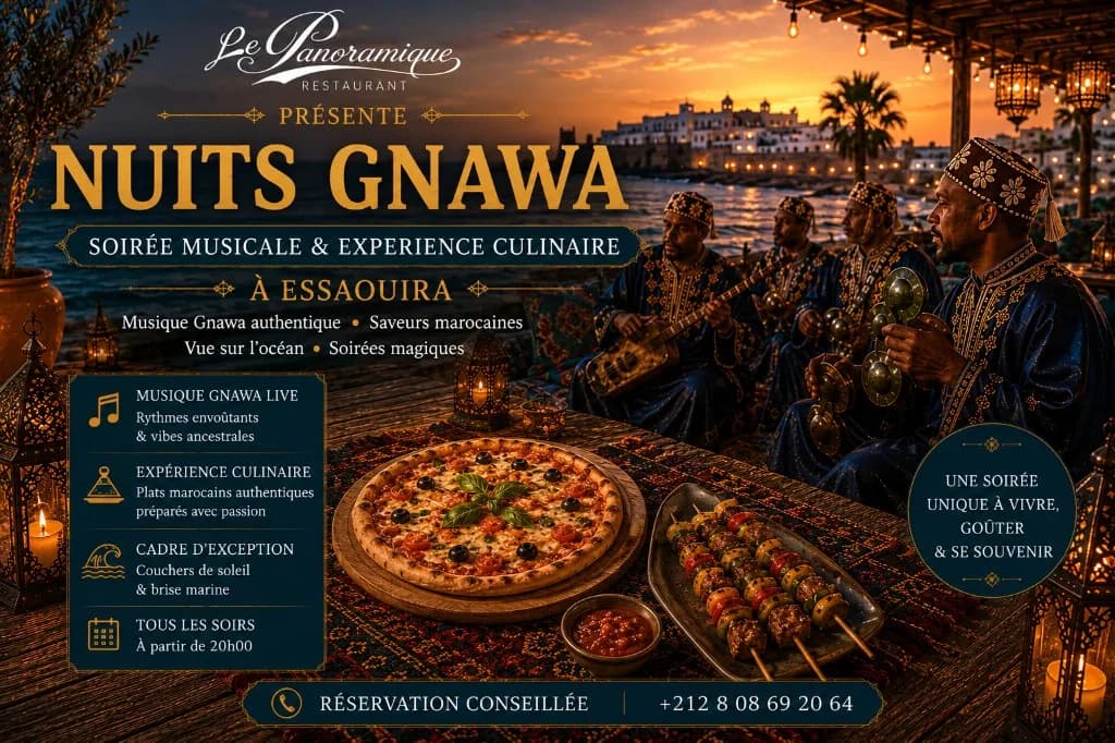 Soirees Gnawa a Essaouira : musique live, cuisine marocaine et nuits face a l'Atlantique
