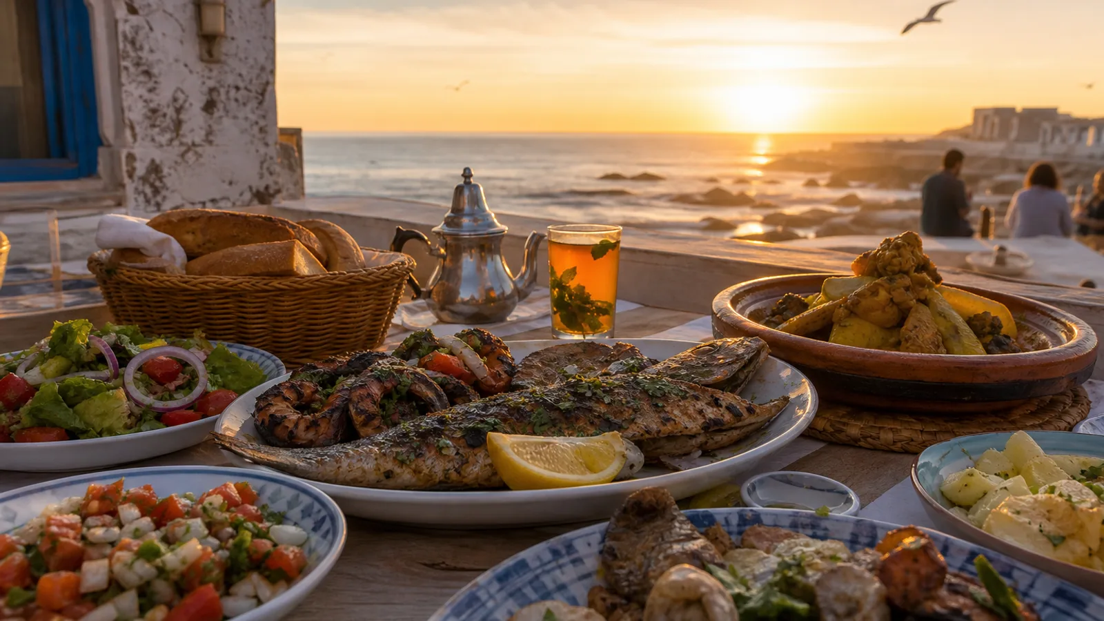 Fresh seafood and Moroccan dishes on an oceanfront table in Essaouira