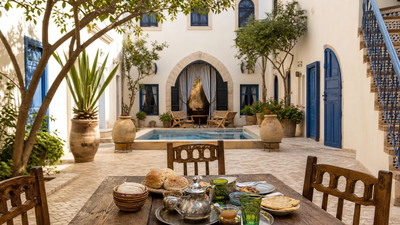 Courtyard of a traditional riad in Essaouira's medina